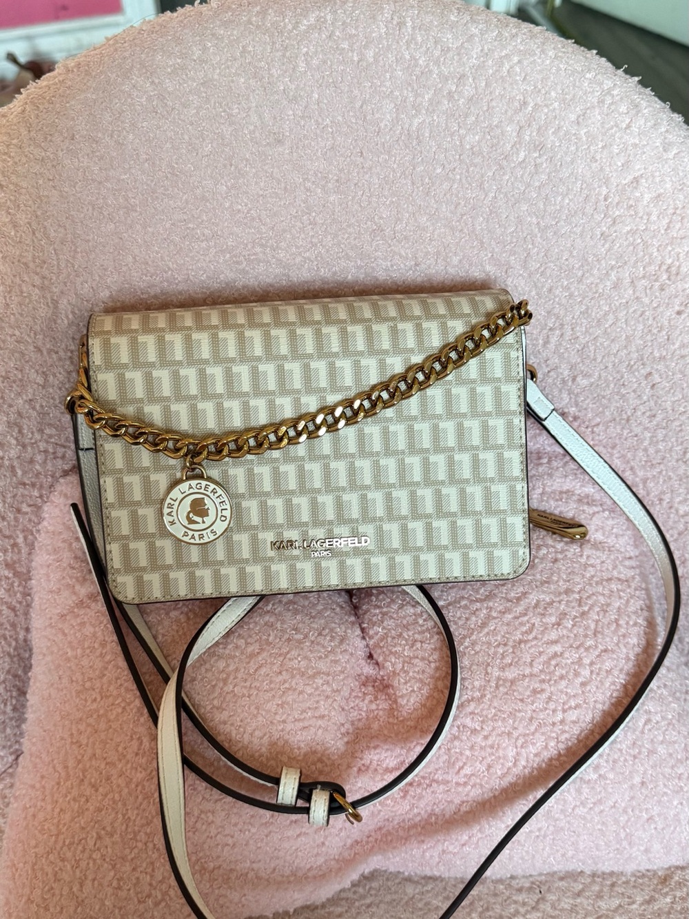 Karl Lagerfeld Beige Monogram Crossbody with Gold Chain Accent